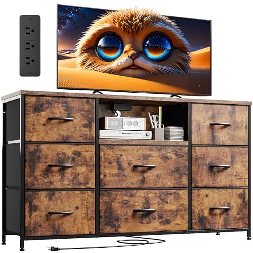Dresser for Bedroom with Charging Station, 8 Drawers Dressers & Chests of Drawers for 50 55 inch TV, Dresser TV Stand for Bedroom, Fabric Dresser with Open Shelves for Living Room Hallway, Brown