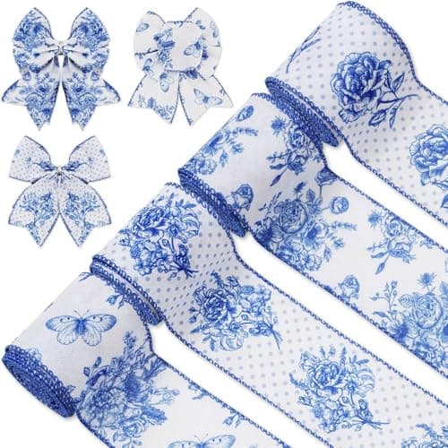 AnyDesign White and Blue Wired Edge Ribbon Floral Butterfly Craft Ribbon 24 Yards 2.5 Inch Blue Flower Fabric Ribbon for Wreath Bow DIY Craft Wedding Bridal Shower Gift Wrapping Supplies