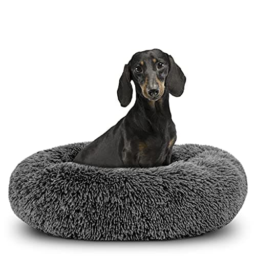 The Dog’s Bed Calming Donut Dog Bed, Plush Faux Fur Round Cuddler Nest, One-Piece Design (No Zip), Raised Bolster – Grey, Small 23" 2