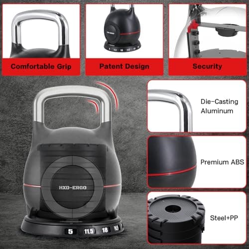 HXD-ERGO Adjustable Kettlebell Weight Set-Quickly Adjusts 7 Weights,Ergonomic kettlebell sets for Home Gym 5-44 LBS 6