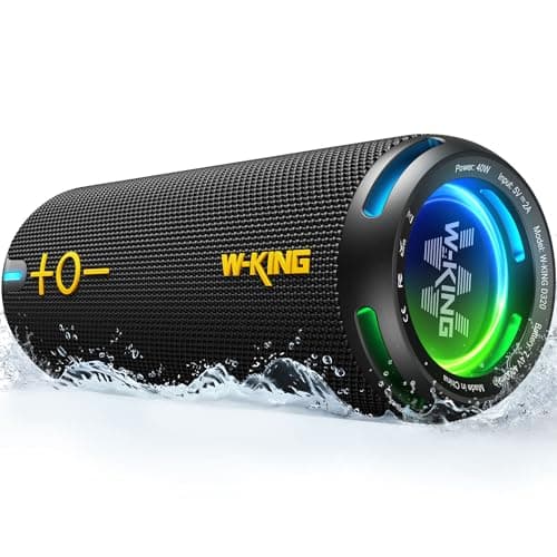 W-KING D320 40W Bluetooth Speaker, IPX7 Waterproof Portable Speaker with Dual Voice Coil, Customized EQ APP, 360 Sound, Party Lights, V5.3, TF/AUX, Black