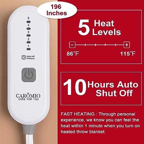CAROMIO Heated Blanket Electric Throw Queen Size with Dual Control, Reversible Flannel Heating Blankets, Soft Heated Throws for Couch with 5 Heat Settings and 10 Hours Auto Shut Off, Navy, 84"× 90" 4