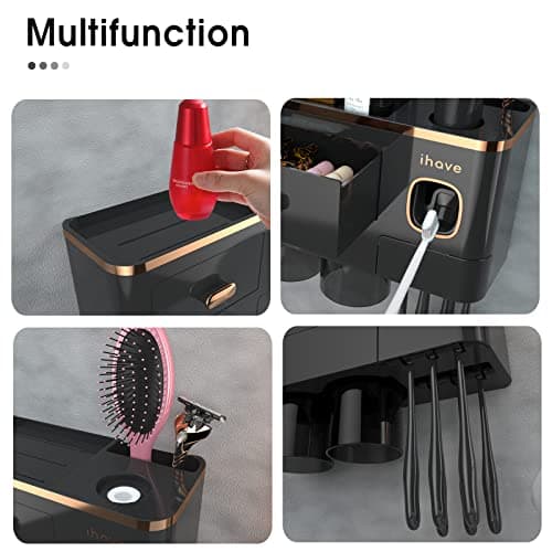 iHave Toothbrush Holders Wall Mounted with Toothpaste Dispenser & 2 Cups - Luxury Black and Gold Design for Bathroom Decor, All-in-One Bathroom Organizers & Storage for Toothbrushes and Accessories 8