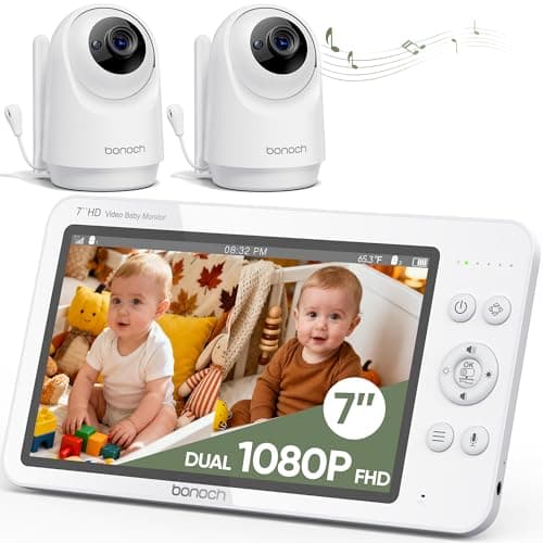 bonoch Upgraded 1080P Baby Monitor with 2 Cameras, 7" MegaView Split Screen Baby Monitor No WiFi, Dual Video Monitor with Camera and Audio, 6000mAh, White Noise, 2 Way Audio, PTZ, Night Vision