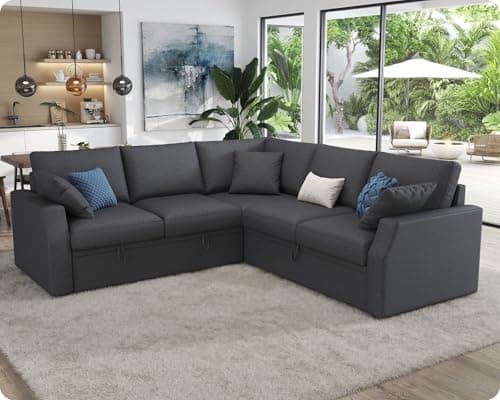 VanAcc Sofa Bed, 85 Inch Sleeper Couch with Storage Seat, L Shaped Sofa with Pull Out Sofa Bed, Sectional Couches for Living Room Apartment, Grey Linen Couch Sofa 7