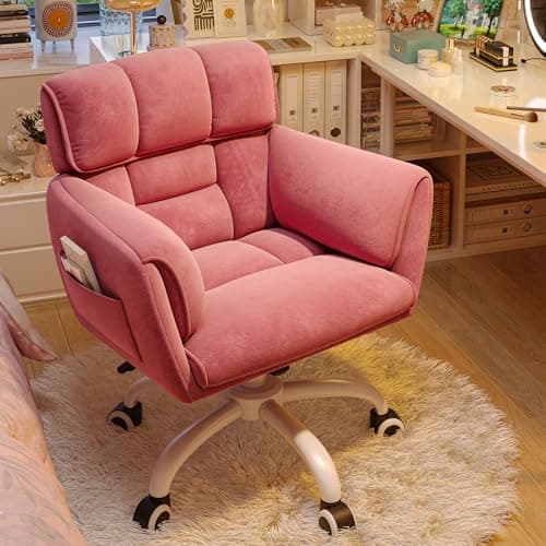 DurayLoly Home Office Chair with Wheels Soft-Touch Material,Modern Cute Vanity Chair with Back Adjustable Height Upholstered Comfy Desk Chairs with Side Pockets for Bedroom,Pink
