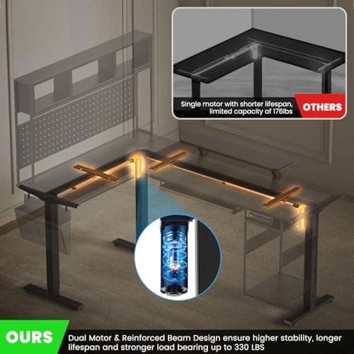 Flycity Electric L Shaped Standing Desk Adjustable Height, 67" x 47" Corner Computer Desk with Host Shelf, Gaming Desk with LED Lights & Power Outlet, Dual Motor Home Office Desk with Storage, Black 5