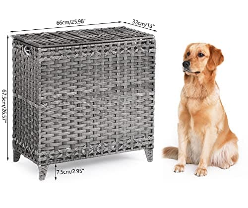 Laundry Hamper with 3 Removable Liner Bags; 132L Handwoven Rattan Laundry Basket with Lid & Heightened Feet; Clothes Hamper with Side Handles; Laundry Sorter with 3 Separate Sections (Gray) 7