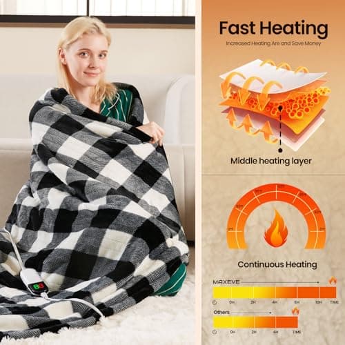 Electric Heated Sherpa Buffalo Plaid Christmas Throw Blanket with 8 Heating Levels & 8 Hours Auto Off, Fast Heating Warm Plush Washable Blanket with Over-Heat Protection, ETL Certification, Black 5