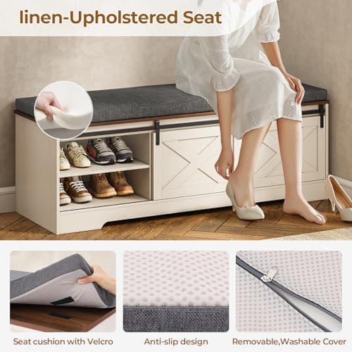 UPOSOJA 60“ Farmhouse Storage Bench with Cushion, Shoe Rack with Slide Barn Doors, Adjustable Shelf and 2 Drawer for Entry, Bedroom, Closet, Living Room, Hallway (White Brown, 60 in) 6