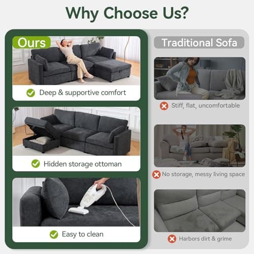 109'' Modular Sectional Sofa, L Shaped Couch with Storage Ottoman, Comfy Cloud Sofa with Deep Seat, 4 Seat Convertible Sectional Couches for Living Room (Gray, Low Legs 1.97") 6