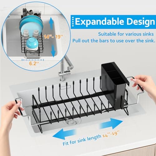 ANTOPY Sink Dish Drying Rack - Expandable Small Dish Rack Over Sinks with Silicone Drying Tray, Dish Drainer for Kitchen Counter with Cutlery Holder, Drying Rack Fit for 14’’-19’’ Kitchen Sink 3