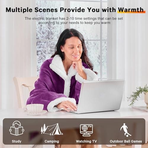 greenoak Wearable Heated Blanket Electric Snuggle - Heated Blanket with Foot Pocket and Sleeves for Adult, Winter for Mom Women 5-Position Timer 10-Heating Levels,50 * 70",Purple 5