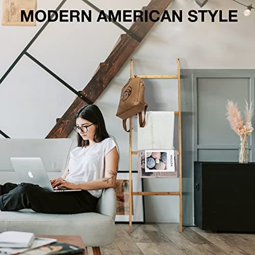 Cupike Bamboo Towel Ladder for Bathroom - Blanket Ladder Farmhouse for Living Room - Decorative Ladder - 6ft 6