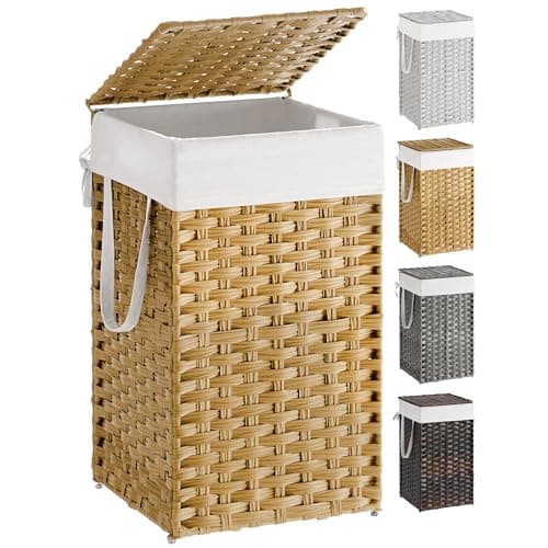 SONGMICS Laundry Hamper with Lid, 17.2 Gallon (65 L) Synthetic Rattan Clothes Laundry Basket with Lid and Handles, Foldable, Removable Liner, Goose Yellow ULCB165N01