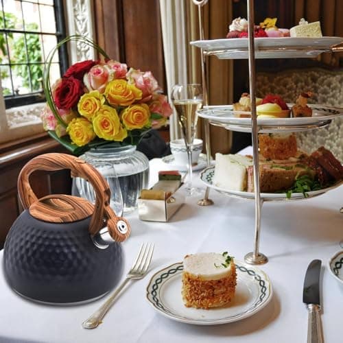 Foedo Tea Kettle Stovetop, 3.2 Qt Stainless Steel Whistling Kettle for Stove Top, Food Grade Teapot with Wood Pattern Handle for Coffee, Milk etc, Gas Electric Applicable (Black) 6