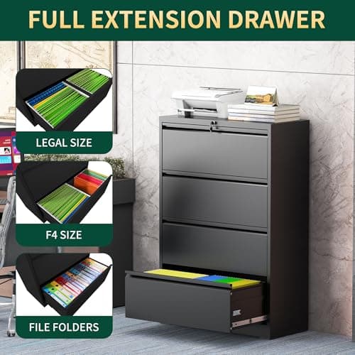 FOSTOKO 4 Drawer Lateral File Cabinet with Lock, Metal File Cabinets for Home Office, Steel Heavy-Duty Filing Storage Cabinet for Letters/Legal/A4 (Require Assembly, Black) 5