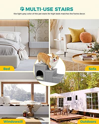 PETEPELA Cat Dog Stairs for Bed, Pet Steps for Small Dogs and Cats, Portable Heavy-Loaded [Up to 120 lbs] Dog Steps with Storage Box 3-Step to Couch, Doggie Car Ramp for Older Dogs 8