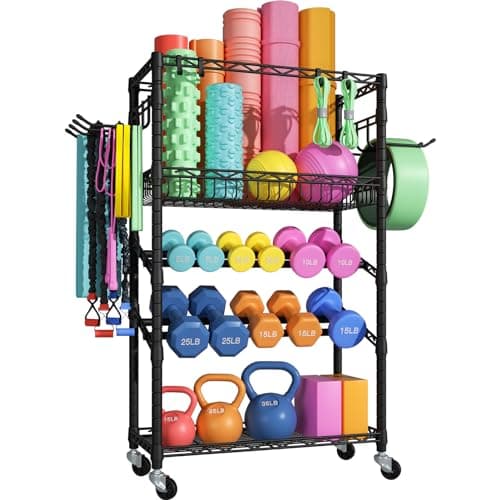 FUTASSI S3 Dumbbells Rack Storage Rack, Rolling Home Gym Weight Organizer Rack, Yoga Mat Storage and Workout Equipment Organizers for Gym Studio, Max Load 500 LBS, 34.6"W x 11.8"D x 48.6"H, Black