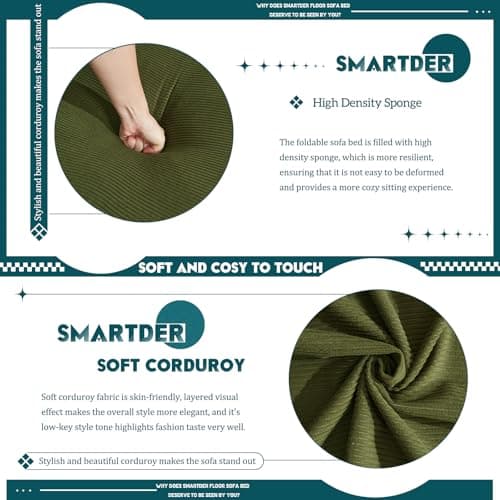 SmartDer Convertible Folding Sofa Bed, Modular Floor Sofa with Removable Backrest, 3-Seater Fold Out Couch Bed with Pillows, King Size Futon Lazy Couch Corduroy Sleeper for Living Room, Dorm, Green 5