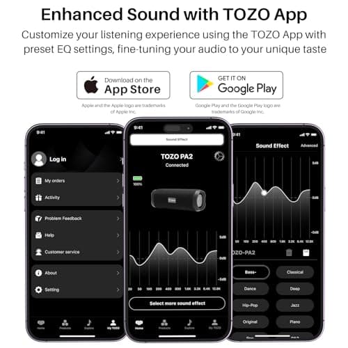 TOZO PA2 Bluetooth Speaker with Dual Drivers & Dual Bass Diaphragms, Deep Bass Loud Stereo Sound, 25H Playtime, Custom EQ App Portable Wireless Speaker for Home Outdoors Travel Black 7