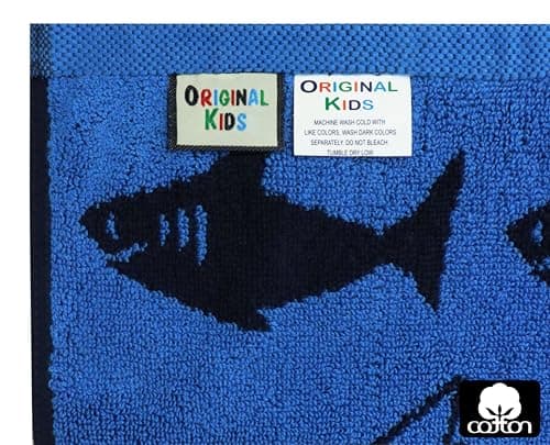 ORIGINAL KIDS 6 Piece Towel Set - Bath Time Shark Attack- 2 Bath Towels, 2 Hand Towels, 2 Washcloths - 100% Cotton Jacquard Soft Absorbent Quick Dry Pool Beach Towel Gift - Navy Blue 7