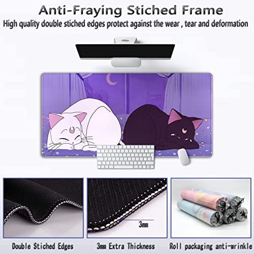 Anime Kawaii Desk Mat Cute Cat Large Mouse Pad XXL Lavender Purple Extended Mousepad Gaming Desktop Mat Laptop Keyboard Mouse Mat Desk Pad 31.5''X15.7'' Non-Slip Rubber Base with Stitched Edges 7