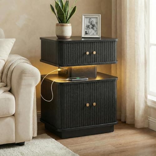 Black Nightstand with Charging Station and LED Light, Fluted Bedside Table with 1 Drawer and Storage Cabinet, Modern Ribbed End Table with USB Ports & Outlets for Bedroom, Living Room