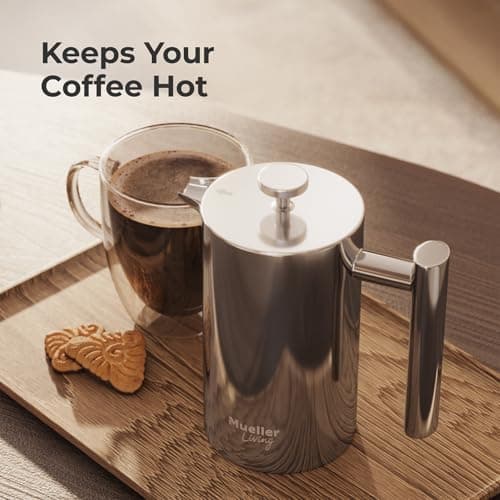 MuellerLiving French Press Coffee Maker 20oz, Stainless Steel French Press Coffee, 4 Filter Heat Resistant Double Insulated, Rust-Free, Food Grade, Dishwasher Safe Coffee Pot 9