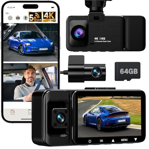 LECTRUS 4K Dash Cam Front and Rear Inside, 3-Channel Cars Camera Dash with 170° Wide Angle, Free 64GB SD Card, 5.8GHz WiFi, Night Vision, G-Sensor, Loop Recording, Parking Monitor, USB C, Max 256GB