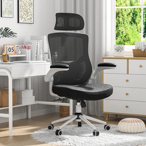 CYKOV Ergonomic Office Chair with Adjustable Headrest & Lumbar Support - High Back Desk Chair with Flip-Up Arms, 360 Swivel Executive Computer Task Chair (Modern, Black-White Frame)