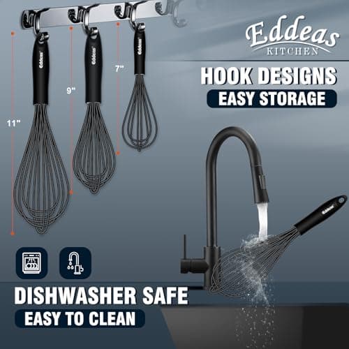 Whisks For Cooking - 500 °F Heat Resistant Silicone Whisk, Heavy Duty 7",9"&11inch Non-Scratch Balloon Kitchen Wisk tool Set, for cooking Wisking, Blending, Beating, Stirring, 3 Piece Black 5