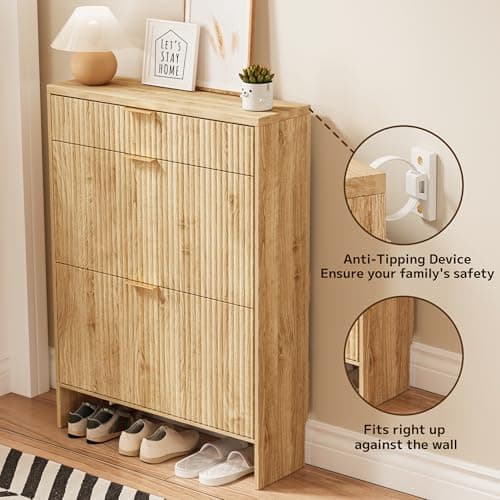 DAMCROP Modern Flip Shoe Cabinet with Drawer, Freestanding Entryway Shoe Storage for Small Spaces, Wave Panel Design, MDF Engineered Wood 6
