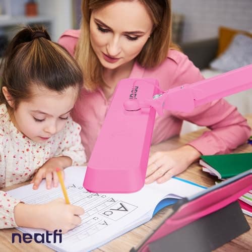 Neatfi XL 2,500 Lumens 30W LED Task Lamp for Manicure Table, Crafts, Workbench, Office - 22” Wide Shade Desk Light | Eye-Caring 6500K | 4-Level Brightness | Clamp Mount (Non-CCT, Pink) 6