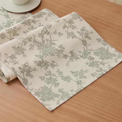 YZJZEDS 100% Cotton French Pastoral Table Runners, 13x72 Inch Green Farmhouse Table Runners 72 Inches Long, Vintage Flowers Print Home Decors