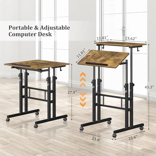 Enayplon Small Standing Desk with Wheels, Mobile Stand Up Desk, Portable Standing Table on Wheels for Walking Pad, Rolling Computer Desk Adjustable Height, Tall Table 2