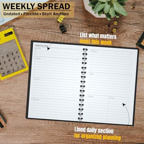 Undated Monthly and Weekly Planner - 12 Month Calendar Planner Notebook with Week Days - Hardcover Undated Planners Blank Agenda Book - A5 Black 2
