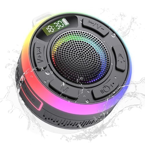 IPX7 Waterproof Shower Bluetooth Speaker, Portable Small Speaker with Suction Cup and Time Display, Loud Crystal Sound & Bass 10H Playtime 1100mAh, Wireless Shower Speakers for Pool, Beach Gift Black