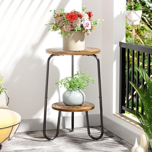 REFGY 2 Tier Wood Plant Stand Indoor, Small Round Flower Pot Stand, 19.6" Tall Single Plant Holder for Living Room, Balcony, Rustic Brown End Side Table（Rustic Brown） 7