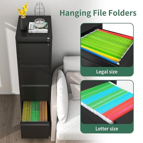 VIYET File Cabinet 4 Drawer with Lock, Vertical Filing Cabinets for Home Office, Metal Steel Storage Cabinet for Letter/Legal Size File, Assembly Required(Black) 5