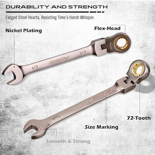 9-Piece SAE Flex-Head Ratcheting Combination Wrench Set - Premium 72-Teeth Gear Chrome Vanadium Nickel Plated with Organizer Bag 5