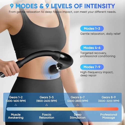 Kocuno Massage Gun with Extension Handle, Back Massager for Pain Relief Deep Tissue, Equipped with 4 Massage Heads & 9 Speed Levels, Massage Hammer for Back/Neck/Shoulders/Waist/Legs (Black) 5