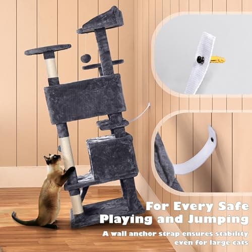 Yaheetech 54in Cat Tree, Multi-Level Cat Tower with Spacious Kitten-ear Perch, 2 Cozy Caves, Scratching Posts, Climbing Ladder, 2 Plush Balls, Durable Pet House Furniture for Indoor Kittens, Dark Gray 9