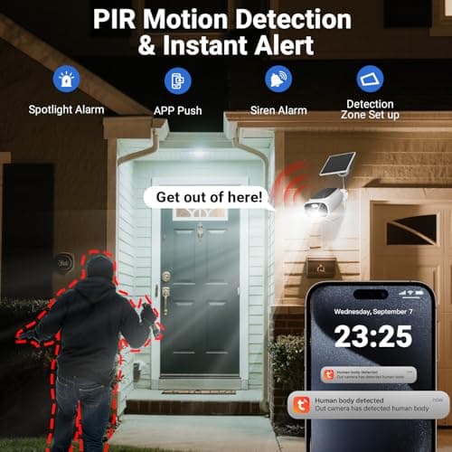 Rraycom 2.5K Solar Security Cameras Wireless Outdoor, Tuya Smart Camera,2-Way Talk, Color Night Vision, PIR Motion Detection,Spotlight/Siren, Alexa, Waterproof,No Monthly Fee 5