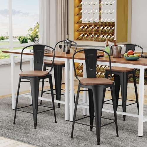Alunaune 26" Swivel Metal Bar Stools Set of 4 High Back Counter Height Barstools Industrial Dining Bar Chairs with Large Wooden Seat-Matte Black 4