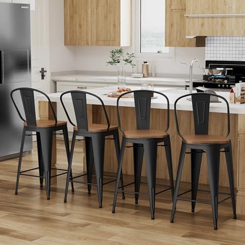 Alunaune 26" Swivel Metal Bar Stools Set of 4 High Back Counter Height Barstools Industrial Dining Bar Chairs with Large Wooden Seat-Matte Black 3