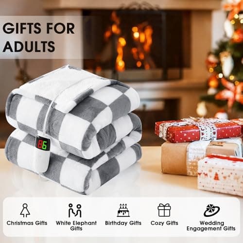 Heated Electric Blanket Throw, 50X60 Heating Blanket with 10 Heat Level & 8 Hour Auto Off for Lap, Light Gray Checkered Plaid Sherpa Blankets Warmer Gift for Couch Grandma Women Adults Washable 6
