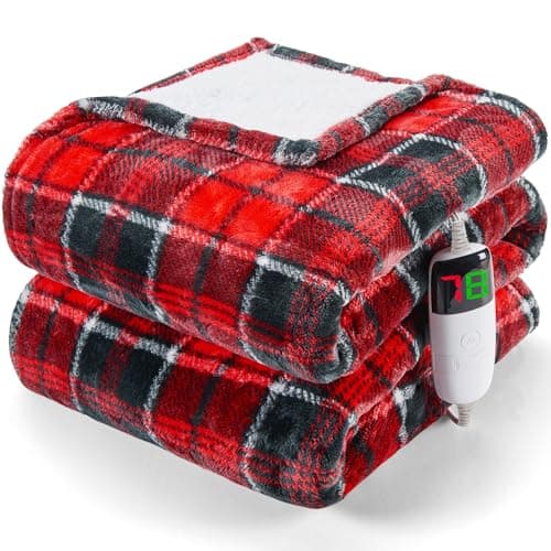 OCTROT Red Christmas Heated Blanket Electric Throw 50X60, Heating Throw Gift with 10 Heating Levels & 8 Hours Auto Off, Plaid Checkered Sherpa Blanket Warmer for Adults, Couch Bed Office Use 9