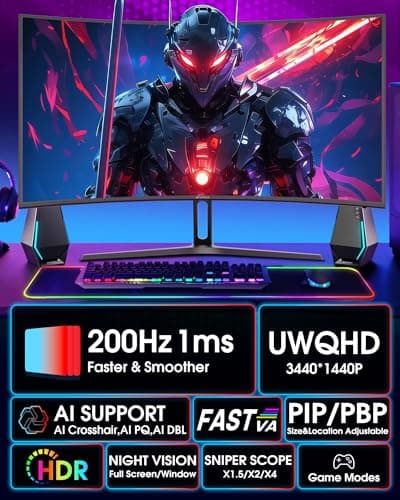 SANSUI 34 Inch UWQHD 200HZ Curved Gaming Monitor, FastVA 3440x1440P Ultrawide 1500R Curved Gaming Computer Monitor 21:9 with PIP PBP, AI Tech Enhance, 2xHDMI2.1 DP1.4 Ports(HDMI2.1 Cable Incl.) 2