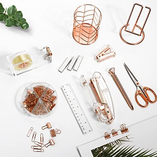 Rose Gold Office Supplies Set 11PCS, Aibocn Desk Accessories Stapler, Staple Remover, 1000pcs Staples, Tape Holder, Pen Holder, Pen, Scissors, Binder/Clips and Ruler, Gift for Students and Coworkers 9